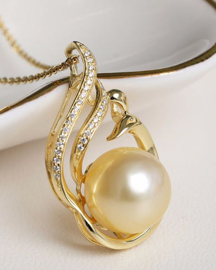 11-12mm 925 Silver Saltwater Gold Pearl Pendant