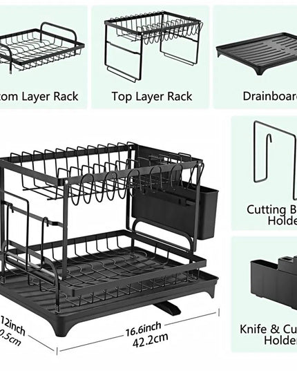 Dish Rack, 2 Tier Utensil Holder, Rustproof Dish Drying Rack With