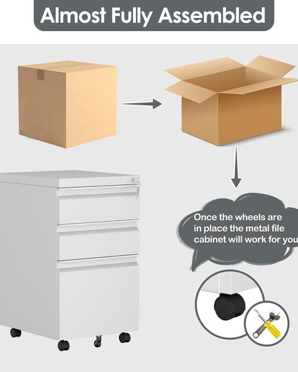 3 Drawer Mobile File Cabinet With Lock, Under Desk Metal Filing