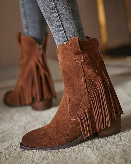Pointed Tassel Vintage Boots with Thick Heel – "Tassel Edge" Edition