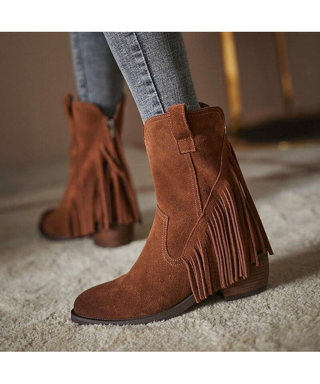 Pointed Tassel Vintage Boots with Thick Heel – "Tassel Edge" Edition