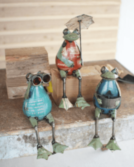 Set Of Three Recycled Iron Garden Frogs