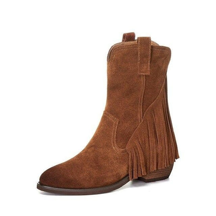 Pointed Tassel Vintage Boots with Thick Heel – "Tassel Edge" Edition