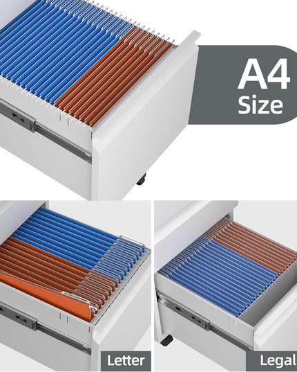 3 Drawer Mobile File Cabinet With Lock, Under Desk Metal Filing