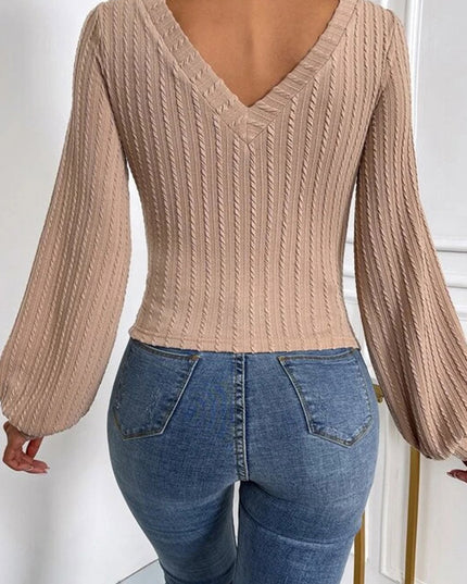 Khaki Knitted Jacquard V Neck Lantern Sleeve Top