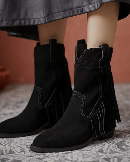 Pointed Tassel Vintage Boots with Thick Heel – "Tassel Edge" Edition