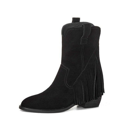 Pointed Tassel Vintage Boots with Thick Heel – "Tassel Edge" Edition