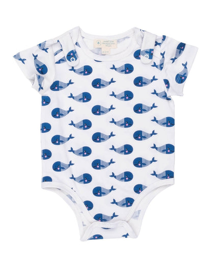 Smart Short Sleeve Baby Bodysuit + Bib - Blue Whale