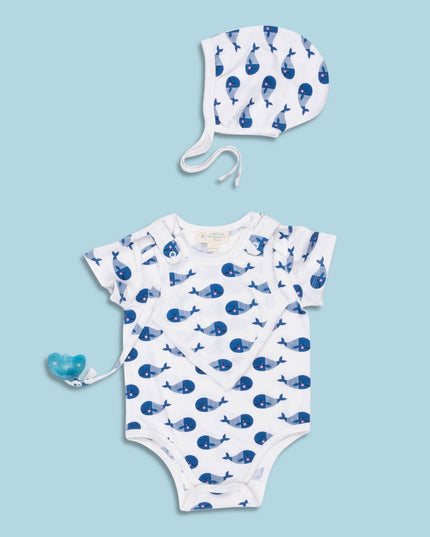 Smart Short Sleeve Baby Bodysuit + Bib - Blue Whale