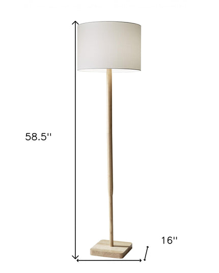 59" Natural Solid Wood Floor Lamp With White Linen Drum Shade