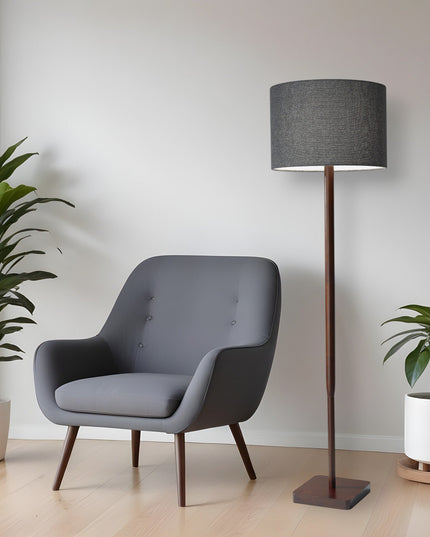 59" Natural Solid Wood Floor Lamp With White Linen Drum Shade