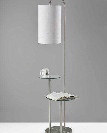66" Silver Tray Table Floor Lamp With White Fabric Drum Shade