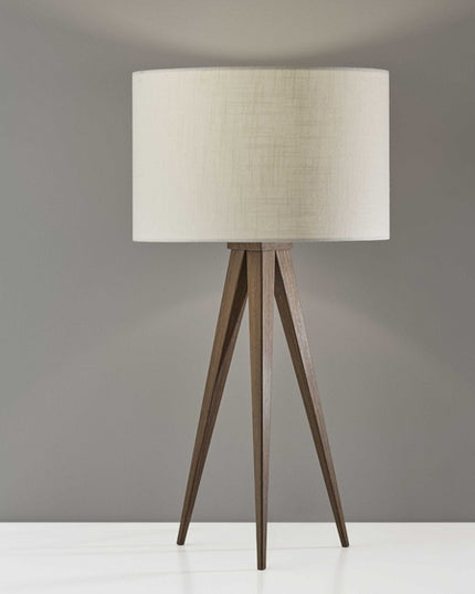 26" Brown And White Tripod Floor Lamp With Brown Linen Drum Shade