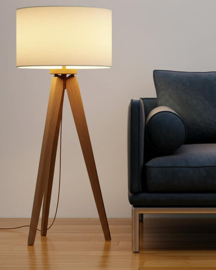 26" Brown And White Tripod Floor Lamp With Brown Linen Drum Shade