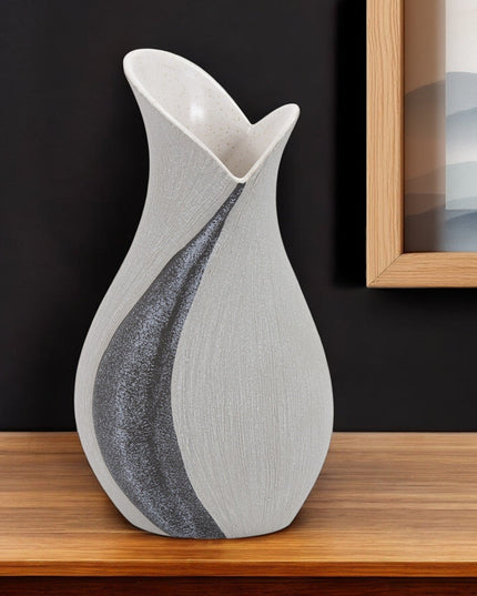 10" Gray and Off White Tulip Ceramic Table Vase With Sequins