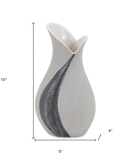 10" Gray and Off White Tulip Ceramic Table Vase With Sequins