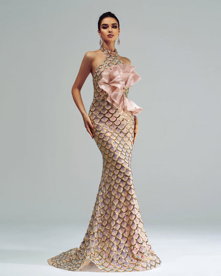 “Champagne Glam” Halter Mermaid Dress – Luxury for Elite Occasions