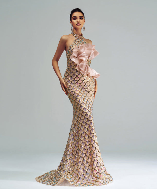 “Champagne Glam” Halter Mermaid Dress – Luxury for Elite Occasions