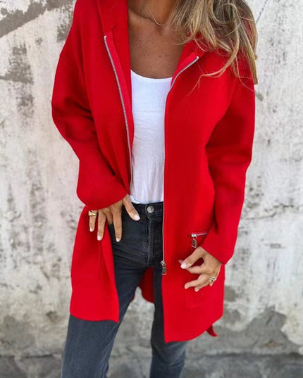 Fiery Red Solid Color Casual Zip up Hooded Coat