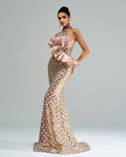 “Champagne Glam” Halter Mermaid Dress – Luxury for Elite Occasions