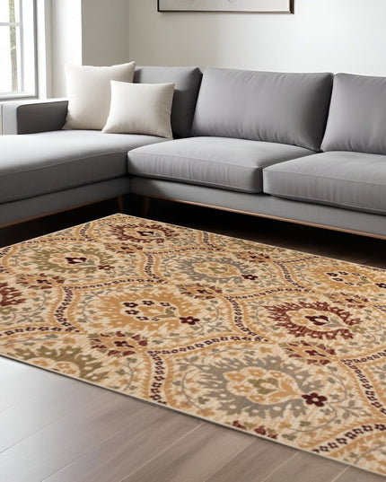 6' X 9' Camel Gray And Rust Floral Stain Resistant Area Rug