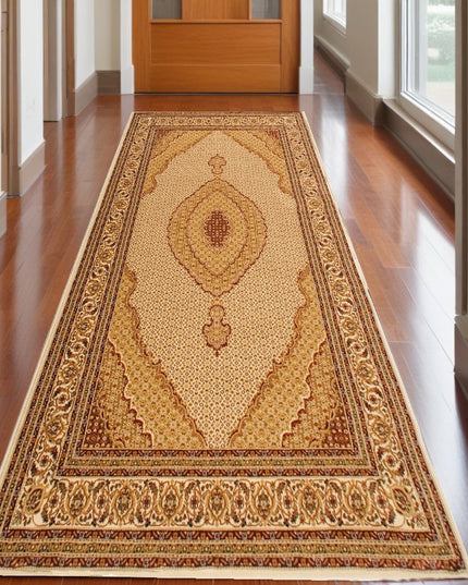 10' Beige And Ivory Oriental Runner Rug