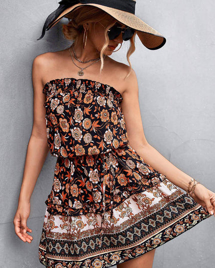 Women's Bohemian Floral Print Strapless Dress Summer Beach Dress