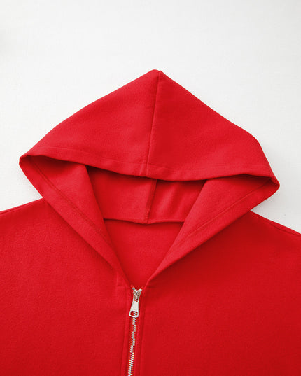 Fiery Red Solid Color Casual Zip up Hooded Coat