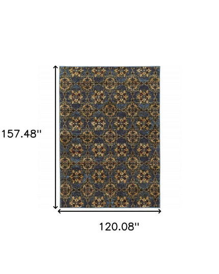 10' X 13' Blue and Gold Oriental Power Loom Area Rug