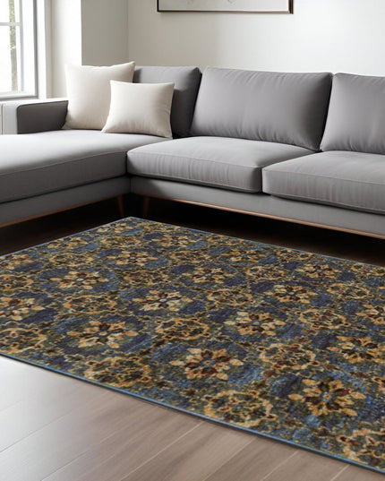10' X 13' Blue and Gold Oriental Power Loom Area Rug