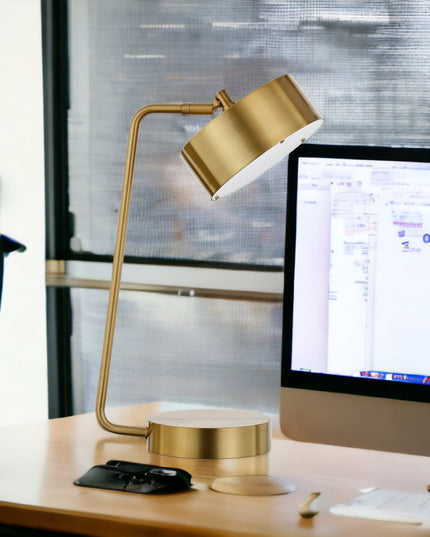 18" Brass Metal Desk Table Lamp With Brass Drum Shade