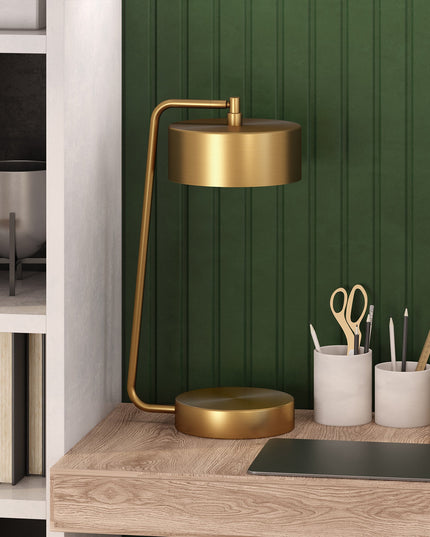 18" Brass Metal Desk Table Lamp With Brass Drum Shade