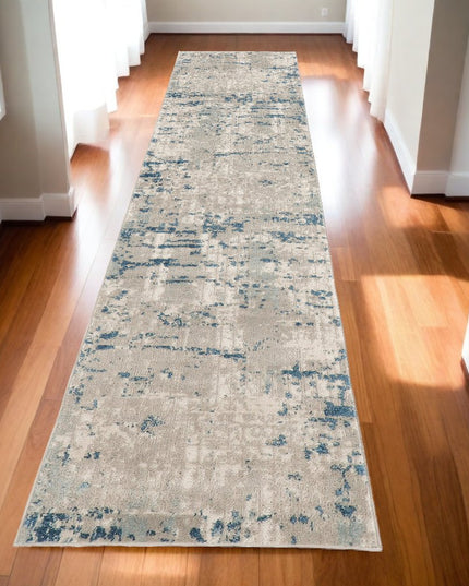 10' Blue and Gray Abstract Power Loom Runner Rug
