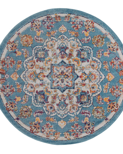 6' Ivory Blue and Orange Medallion Power Loom Round Rug