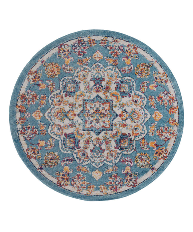 6' Ivory Blue and Orange Medallion Power Loom Round Rug