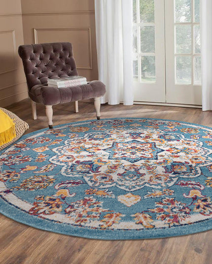6' Ivory Blue and Orange Medallion Power Loom Round Rug