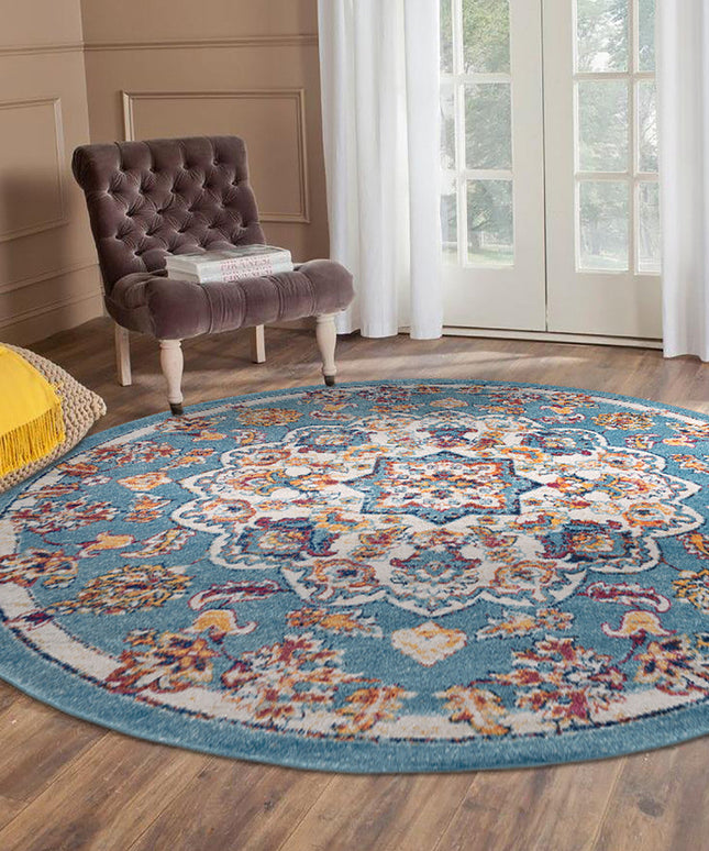 6' Ivory Blue and Orange Medallion Power Loom Round Rug