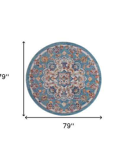 6' Ivory Blue and Orange Medallion Power Loom Round Rug