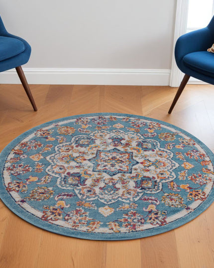 6' Ivory Blue and Orange Medallion Power Loom Round Rug