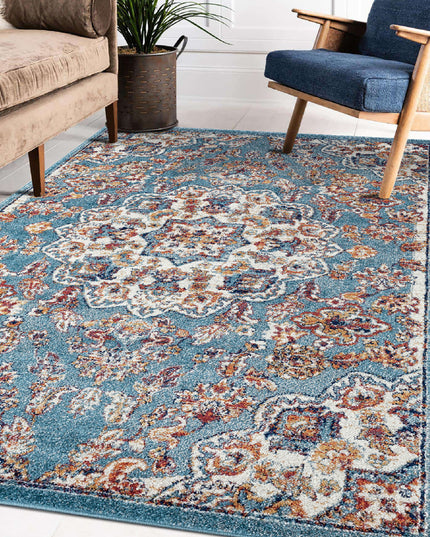 6' Ivory Blue and Orange Medallion Power Loom Round Rug