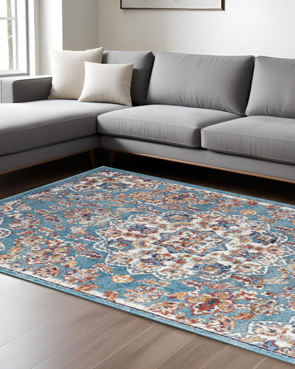 6' Ivory Blue and Orange Medallion Power Loom Round Rug