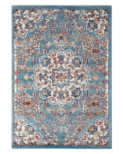 6' Ivory Blue and Orange Medallion Power Loom Round Rug