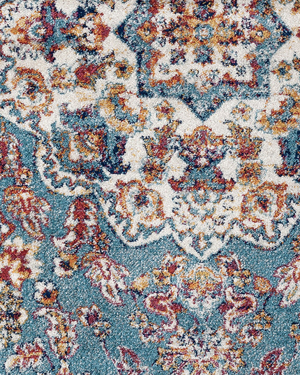 6' Ivory Blue and Orange Medallion Power Loom Round Rug