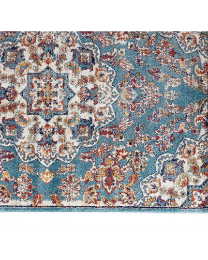 6' Ivory Blue and Orange Medallion Power Loom Round Rug