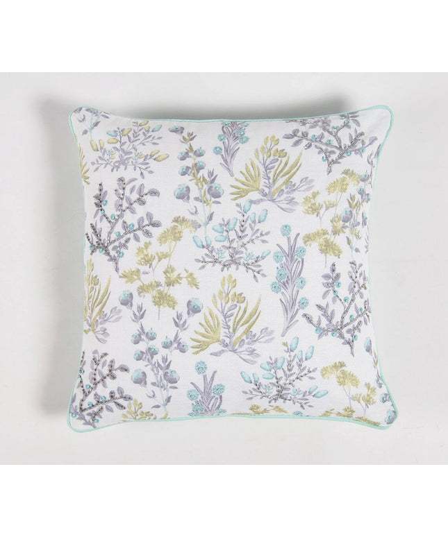 16" Blue and White Botanical Cotton Throw Pillow Cover With Beads