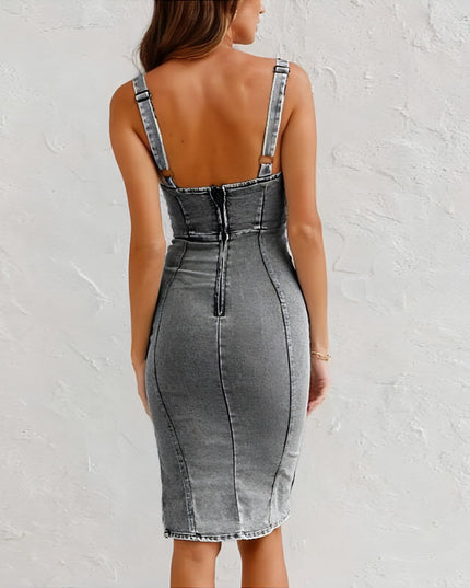 New U-neck Suspender Denim Dress Summer Casual Tight Slim Fit Dresses