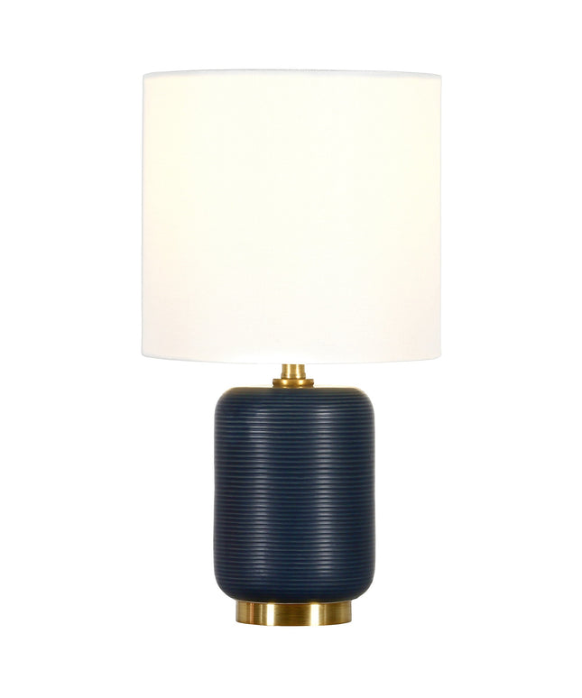 15" Blue and Gold Ceramic Cylinder Table Lamp With White Drum Shade