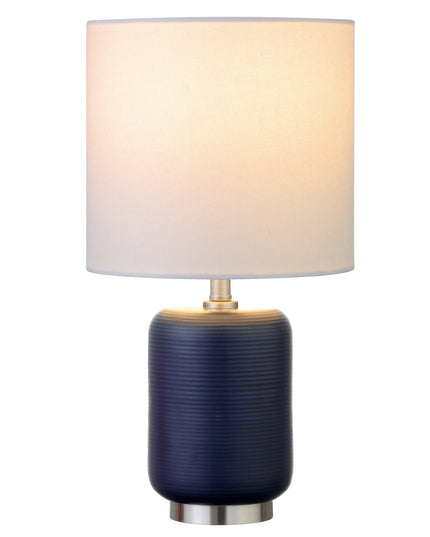 15" Blue and Silver Ceramic Cylinder Table Lamp With White Drum Shade