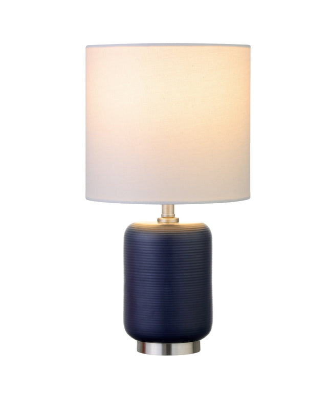 15" Blue and Silver Ceramic Cylinder Table Lamp With White Drum Shade