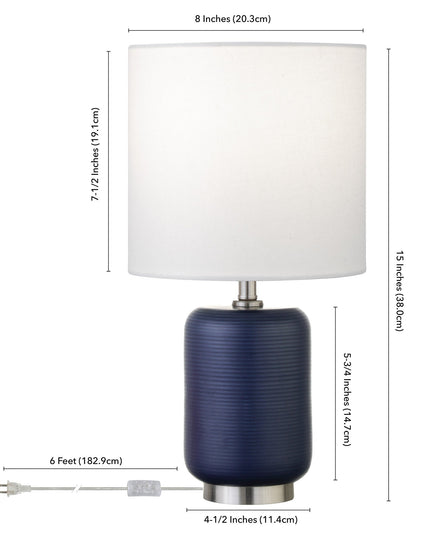 15" Blue and Silver Ceramic Cylinder Table Lamp With White Drum Shade